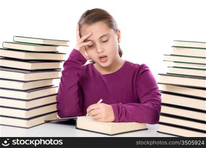 Adorable girl tired with many books on a over white background
