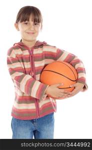adorable girl whit ball of basketball a over white background