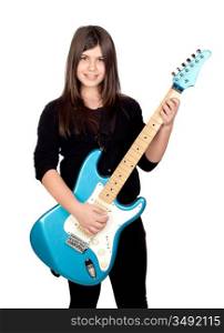Adorable girl whit electric guitar on a over white background