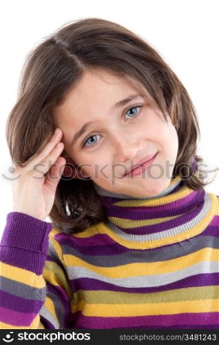 Adorable girl whit headache on a over white background