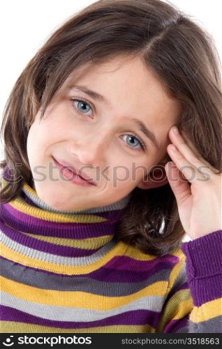 Adorable girl whit headache on a over white background