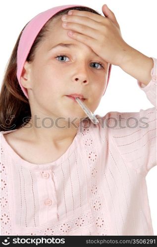 adorable girl whit thermometer a over white background