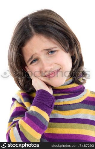 Adorable girl whit toothache on a over white background