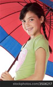 adorable girl whit umbrella a over white background