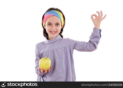 Adorable girl with a apple saying OK on a white background