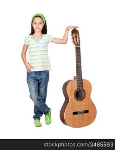Adorable girl with a big guitar isolated on white background