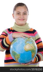 Adorable girl with a globe of the world over white background