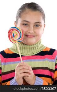 Adorable girl with a lollipop on a over white background