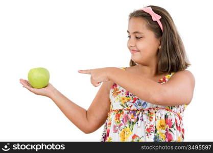 Adorable girl with an apple on a white background