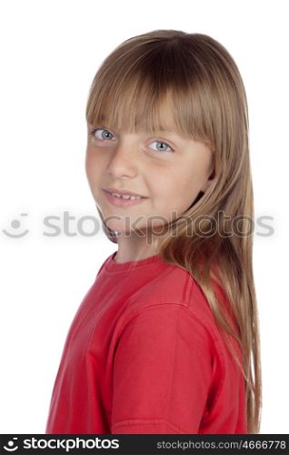 Adorable girl with blond hair isolated on white background