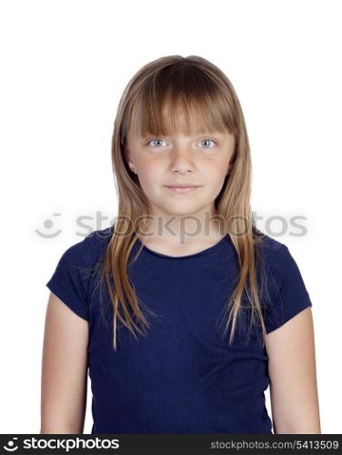 Adorable girl with blond hair isolated on white background