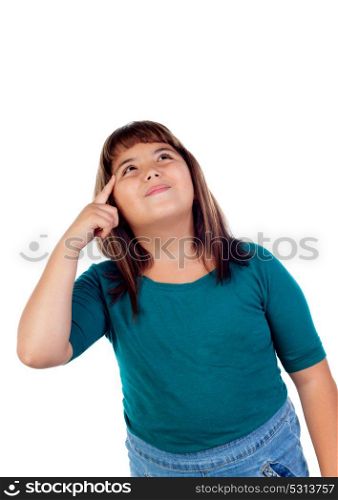 Adorable girl with eleven years old looking up isolated on a white background