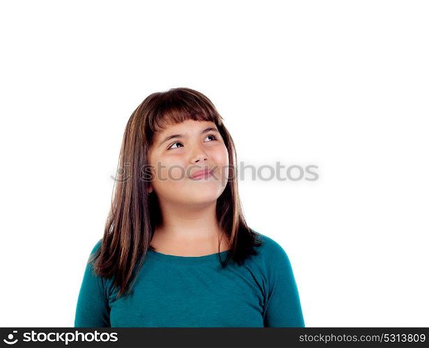 Adorable girl with eleven years old looking up isolated on a white background