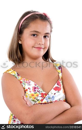 Adorable girl with flowered dress a over white background