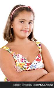 Adorable girl with flowered dress a over white background