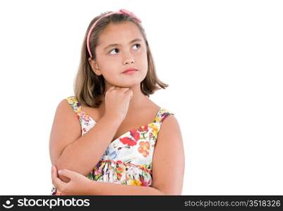 Adorable girl with flowered dress thinking a over white background