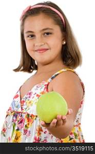 Adorable girl with flowered dress with a apple on a white background - focus in the apple -