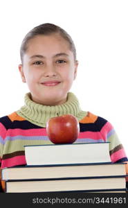 Adorable girl with many books and a apple on a over white background