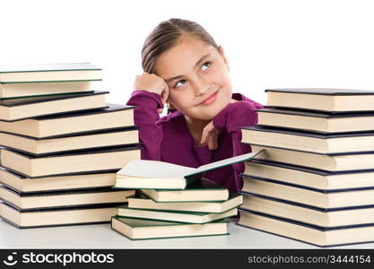 Adorable girl with many books thinking on a over white background