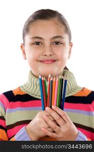 Adorable girl with many crayons of colors isolated over white