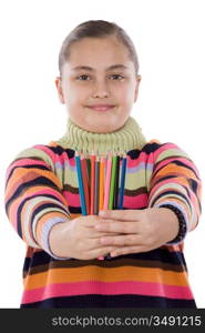 Adorable girl with many crayons of colors isolated over white