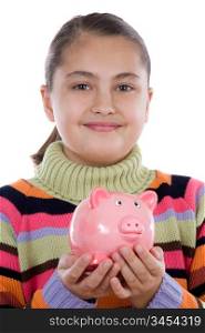 Adorable girl with moneybox isolated over white