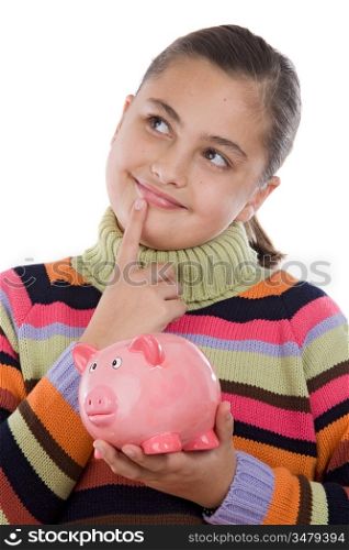 Adorable girl with moneybox thinking isolated over white