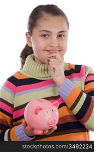 Adorable girl with moneybox thinking isolated over white