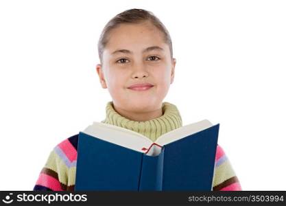 Adorable girl with reading a book on a over white background