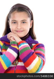 Adorable girl with woollen jacket on a over white background