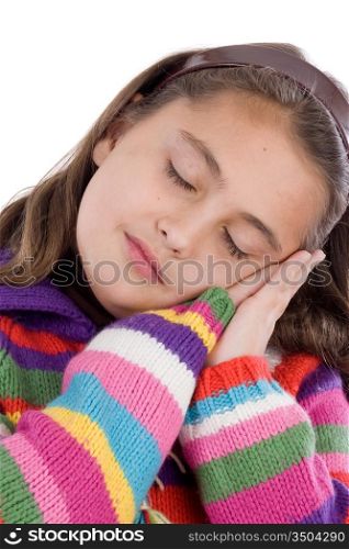 Adorable girl with woollen jacket on a over white background