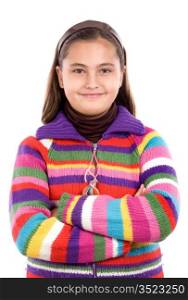 Adorable girl with woollen jacket on a over white background