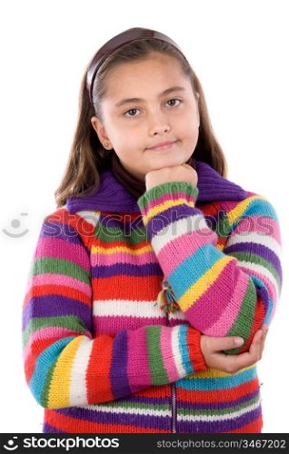 Adorable girl with woollen jacket thinking on a over white background