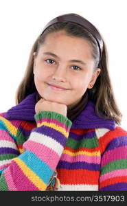 Adorable girl with woollen jacket thinking on a over white background