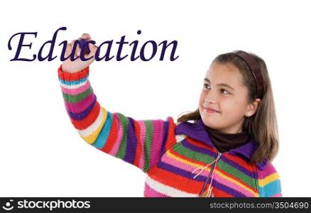 Adorable girl writing the word Education on a over white background