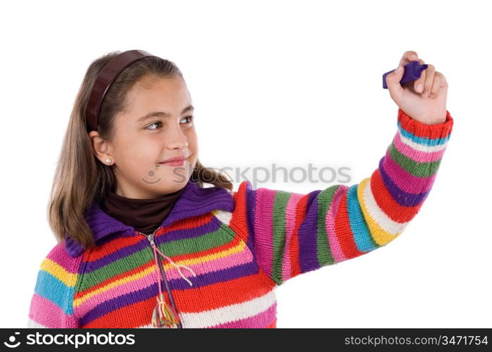 Adorable girl writing with fluorescent on a over white background