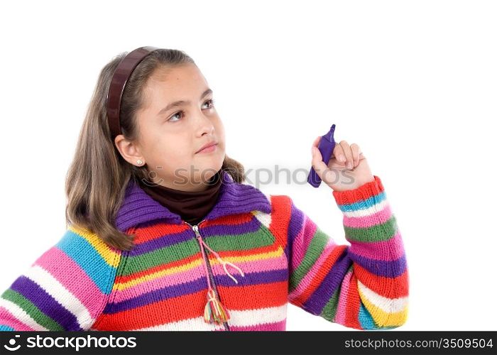 Adorable girl writing with fluorescent on a over white background
