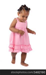 adorable happy baby learning to walk a over white background