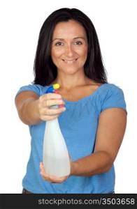 Adorable housewife with diffuser making cleaning isolated on white background