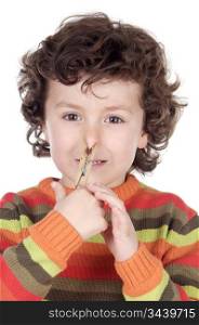 Adorable kid with a clothespin in his nose