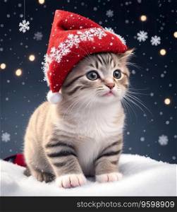 Adorable Kitten in Red Santa Hat on Winter Snowflakes Backdrop. Generative AI.