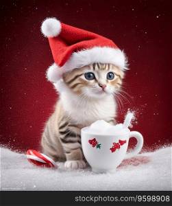 Adorable Kitten in Santa Hat on Snowflakes Winter Background. Generative AI.