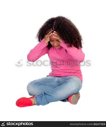 Adorable little african girl with headache isolated on a white background