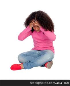 Adorable little african girl with headache isolated on a white background