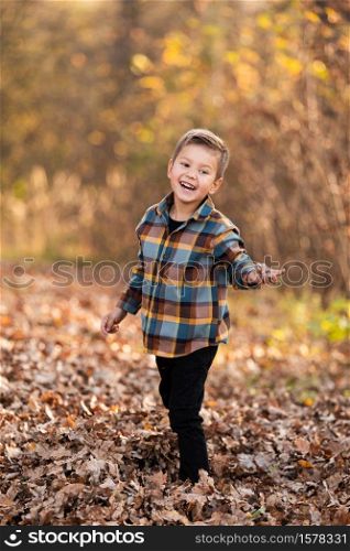 Adorable little boy plaing with yellow leaves in sunny autumn park.. Adorable little boy plaing with yellow leaves in sunny autumn park
