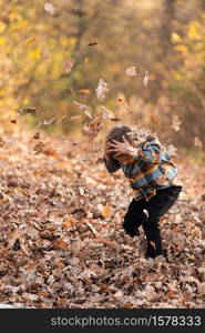 Adorable little boy plaing with yellow leaves in sunny autumn park.. Adorable little boy plaing with yellow leaves in sunny autumn park