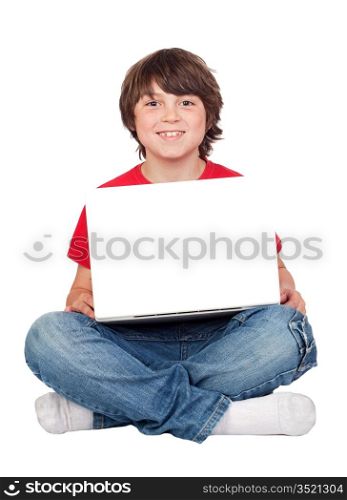 Adorable little boy sitting with laptop isolated on white.