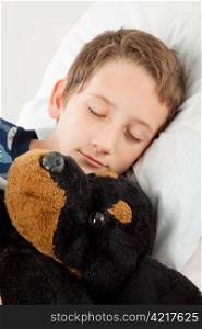 Adorable little boy sound asleep beside his stuffed animal