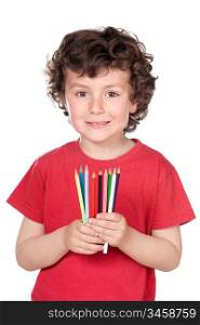 Adorable little boy with many crayons of colors isolated over white