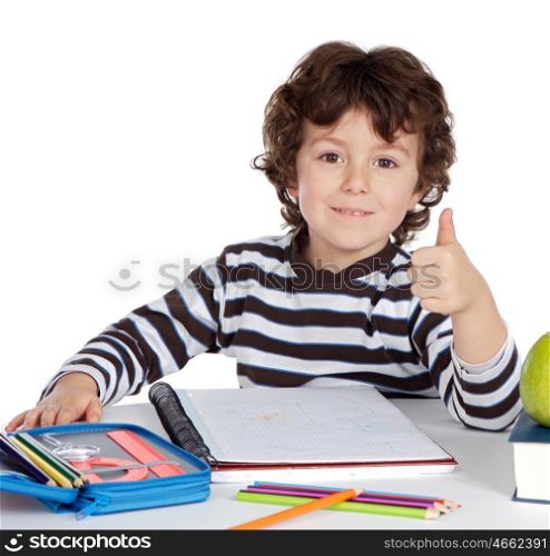 Adorable little child in the school isolated on a white background